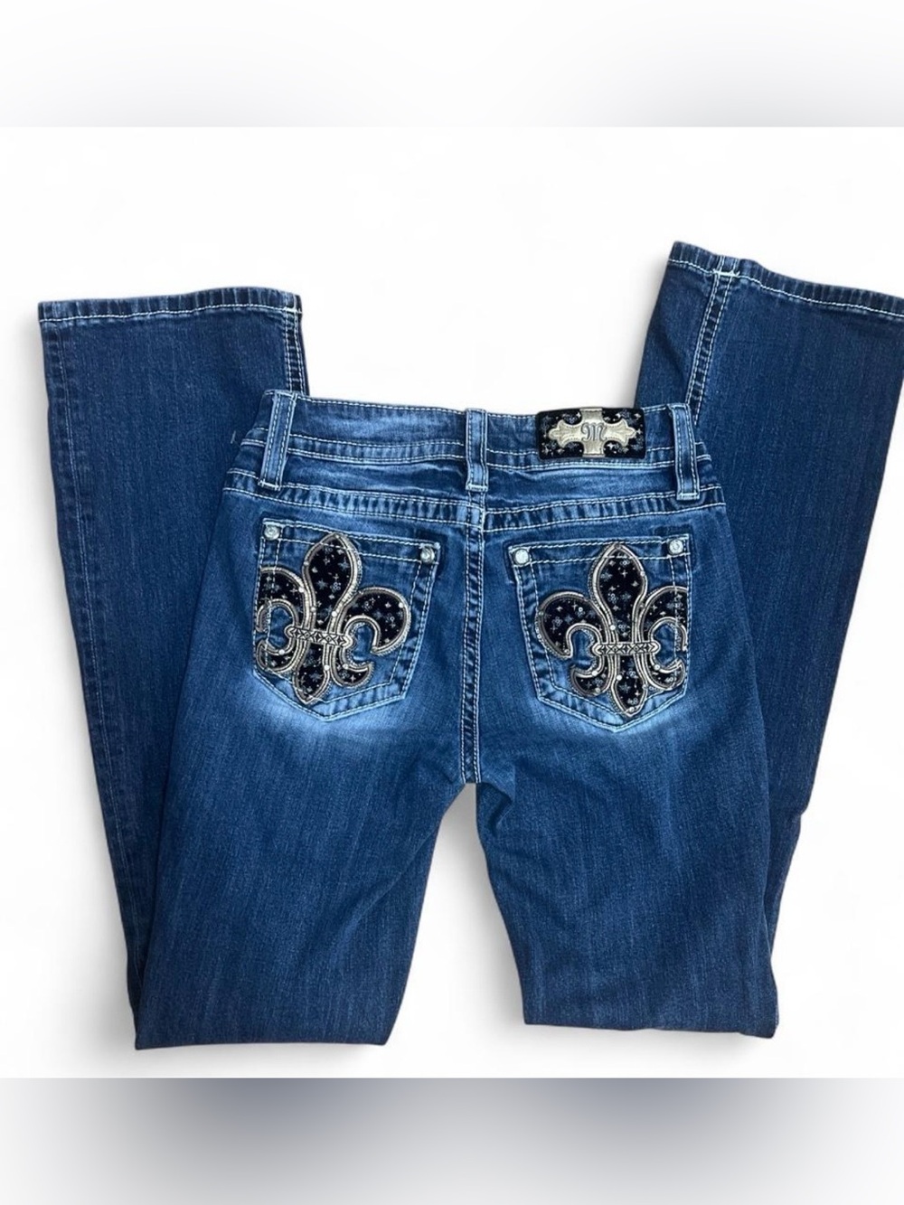 Miss Me Dark Blue Denim Bootcut Jeans with Embellished Fleur-de-Lis Pockets